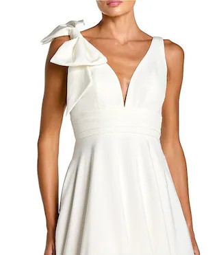 Deep V-Neck Bow Shoulder Crepe Gown | Dillard's