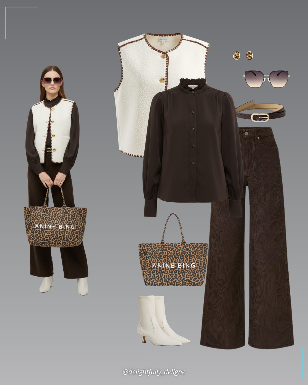 Winter Cord Layers 🤎🤍Cocoa brown cord winter blouse, cream and brown borg fleece vest, high-rise corduroy pants, cream stiletto heel boots, skinny woven leather belt, intertwined knot earrings, oversized sunglasses & black-and-brown leopard canvas tote. 

 #LTKgrwm #LTKootd #LTKOver40