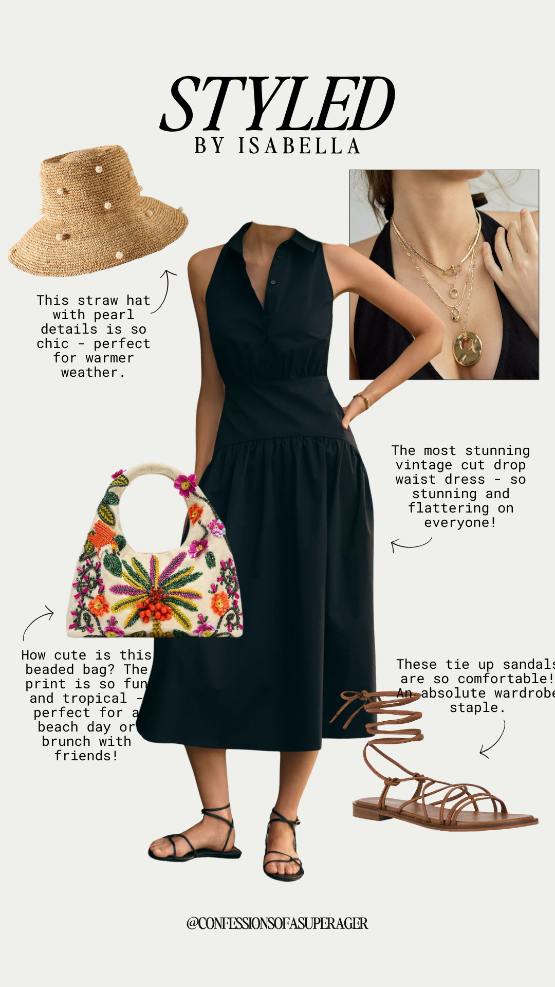 Get ready for warm weather with the ultimate summer staple: a stunning vintage-cut black drop-waist midi dress that is incredibly flattering on everyone! To elevate this classic sleeveless shirt dress, I paired it with a chic pearl-embellished straw bucket hat and comfortable brown tie-up gladiator sandals that are an absolute wardrobe must-have. The real star of the show is this fun, tropical beaded tote bag—it adds the perfect pop of vibrant color for a beach day, vacation resort wear, or a weekend brunch with friends. Layered gold statement necklaces complete this effortless, high-fashion look that blends classic style with trendy boho accents. 

#LTKtravel #SummerOutfits #DropWaistDress #ResortWear #VacationStyle #SummerTrends2026 #BeachBrunch #StrawHat #BeadedBag #GladiatorSandals #QuietLuxury #EffortlessChic #ShopTheLook 

 #LTKSeasonal #LTKOver40 #LTKSaleAlert