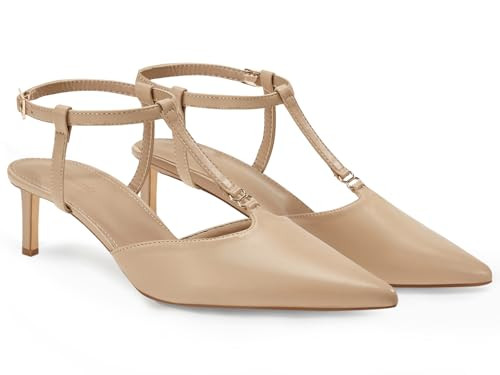 Coutgo Womens Kitten Heels T Strap Closed Pointed Toe Pumps Low Heel Ankle Strap Comfortable Dress Shoes, Khaki, Size 8.5 | Amazon (US)