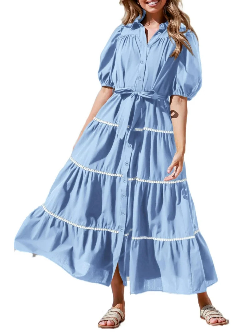 PRETTYGARDEN Women's Summer Button Down Shirt Dress Short Puffy Sleeve Tiered Ruffle Flowy Long M... | Walmart (US)