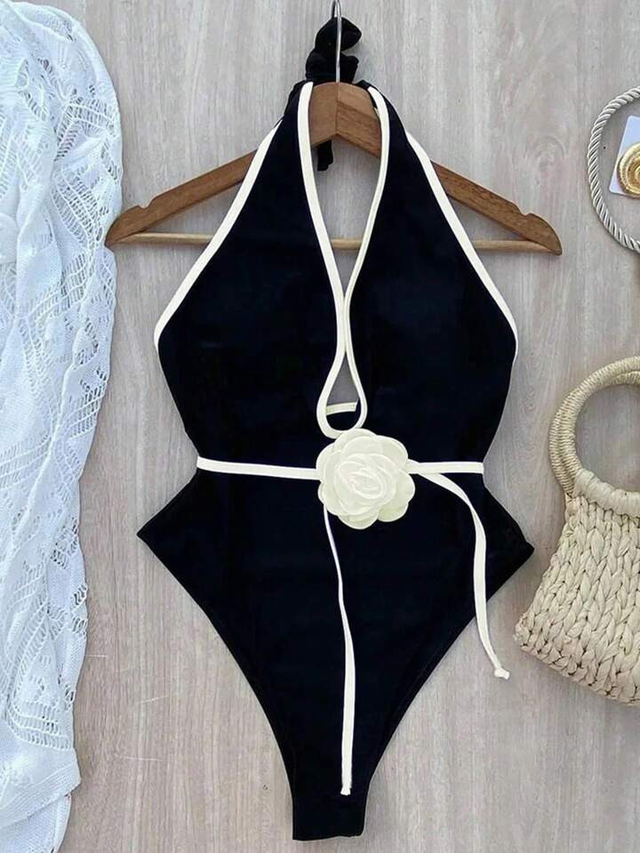 3D Flower Decor & Colorblock Ladies Halter Neck One-Piece Swimsuit | SHEIN