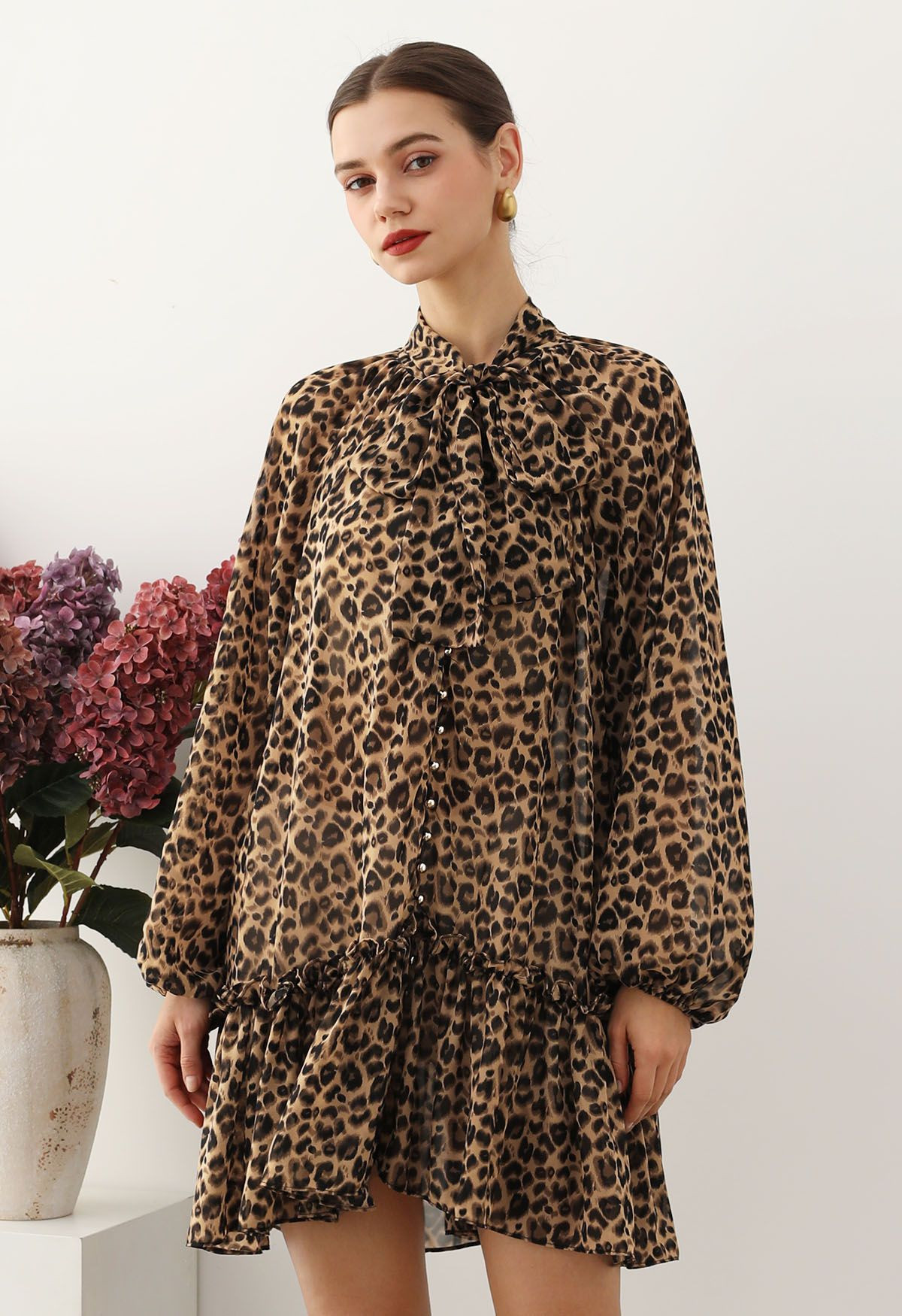 Leopard Print Self-Tie Neckline Chiffon Mini Dress | Chicwish