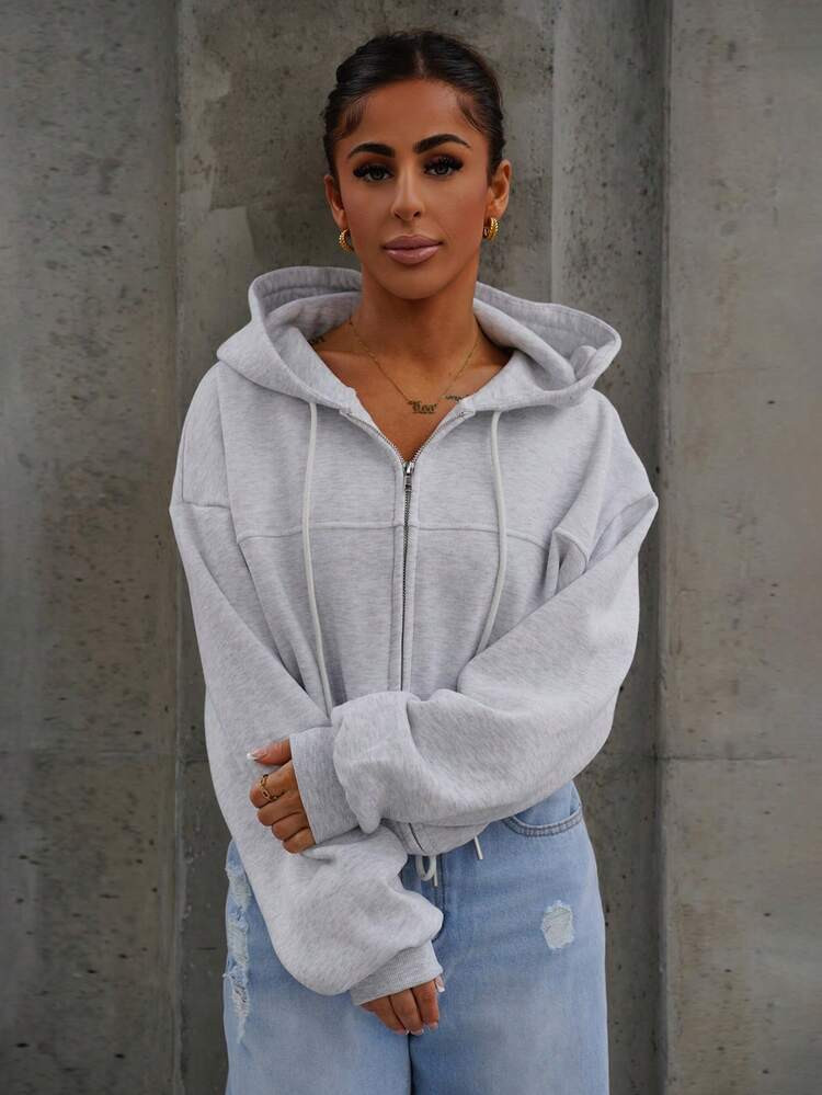 SAYEHFBABY Oversized Zip Up Drawstring Hem Hooded Sweatshirt Top Only Classy Cute Sexy Streetwear... | SHEIN