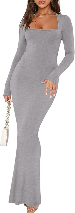 REORIA Womens Basic Sexy Square Neck Long Sleeve Soft Lounge Long Dress Fall Casual Ribbed Bodyco... | Amazon (US)