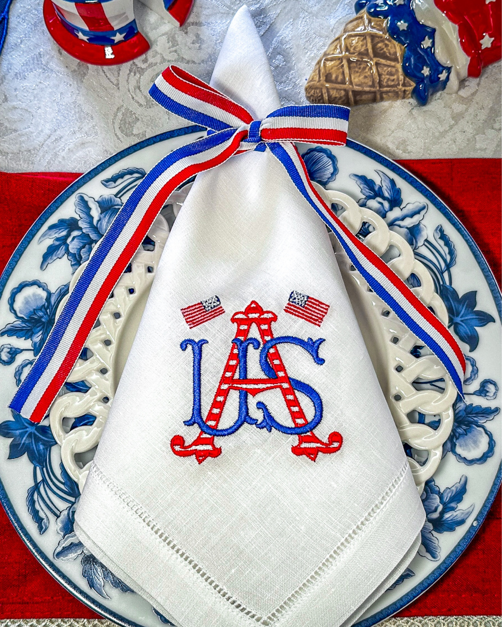 Patriotic Tablescape, Fourth of July, table decor, custom dinner napkins 

#LTKHome #LTKParties