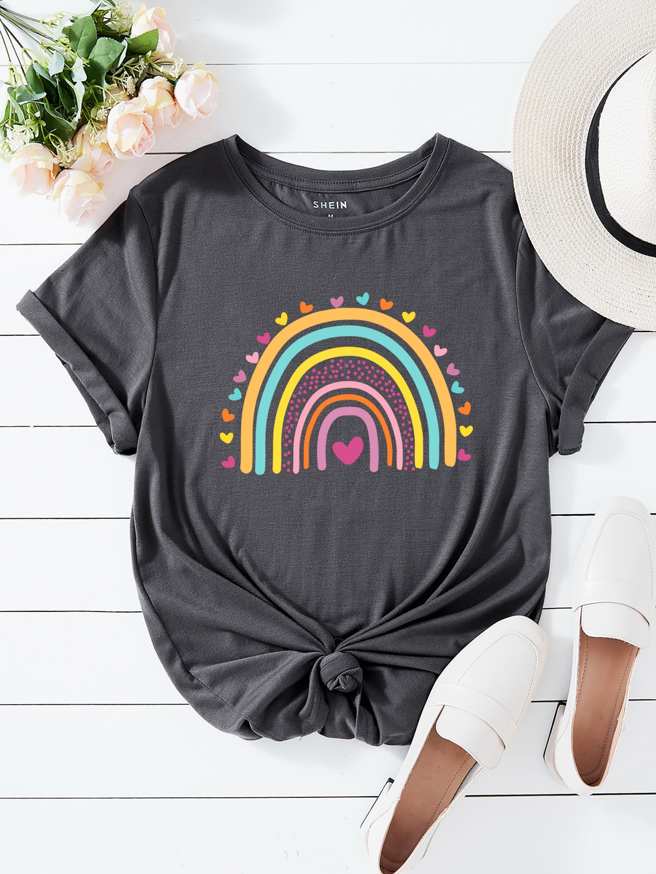 SHEIN LUNE Heart And Rainbow Print Tee | SHEIN
