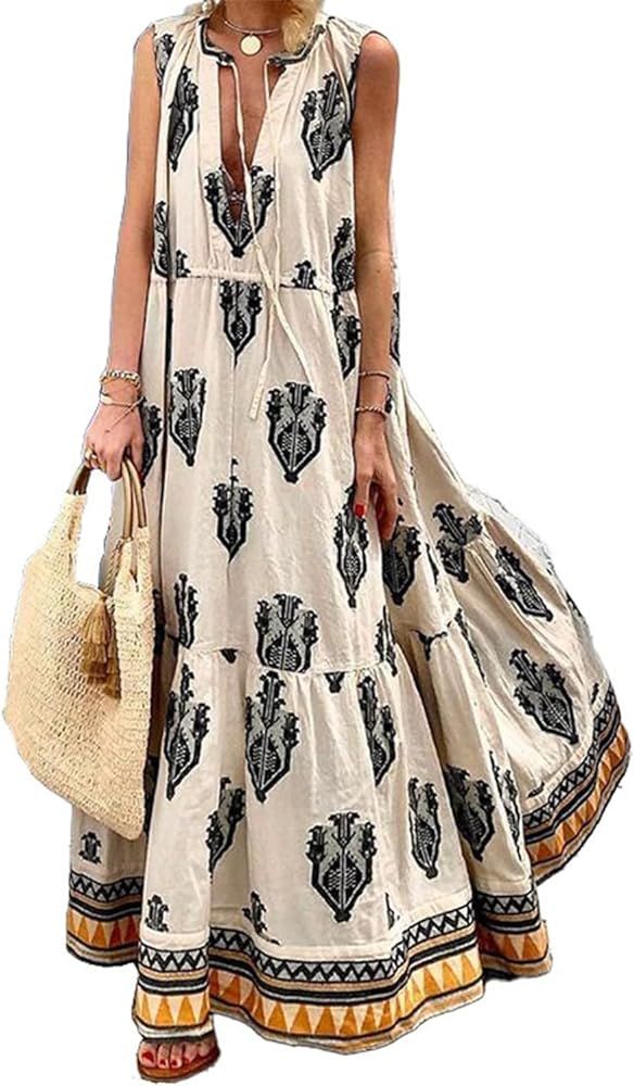 Womens Summer Long Dresses 2024 Sleeveless Drawstring V Neck Smocked Vintage Print Beach Vacation... | Amazon (US)
