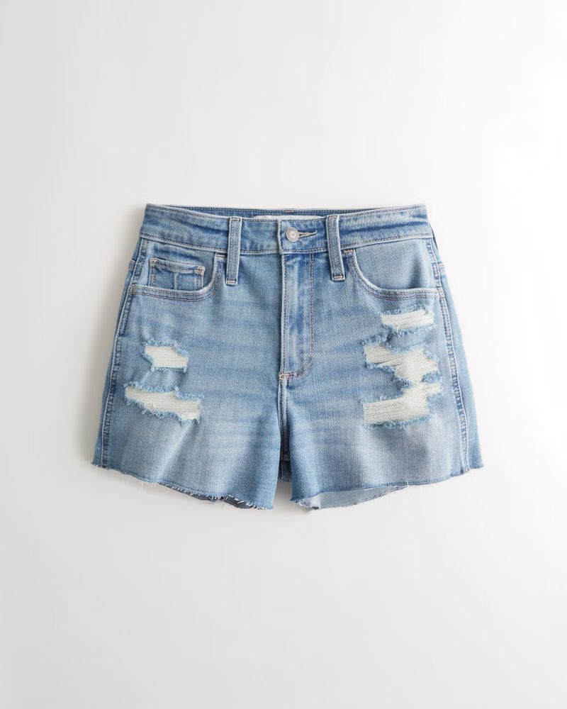 Women's Curvy High-Rise Ripped Medium Wash Denim Short 3” | Women's Bottoms | HollisterCo.com | Hollister (US)