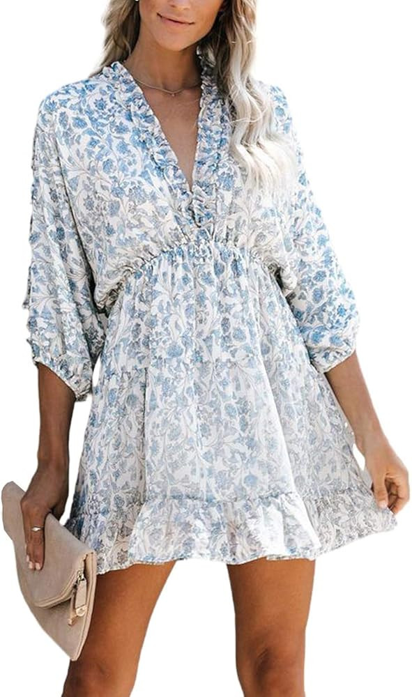 Tiksawon Womens Casual Summer Fashion Floral Printed Ruffle V Neck Long Sleeve Backless Swing Mini D | Amazon (US)
