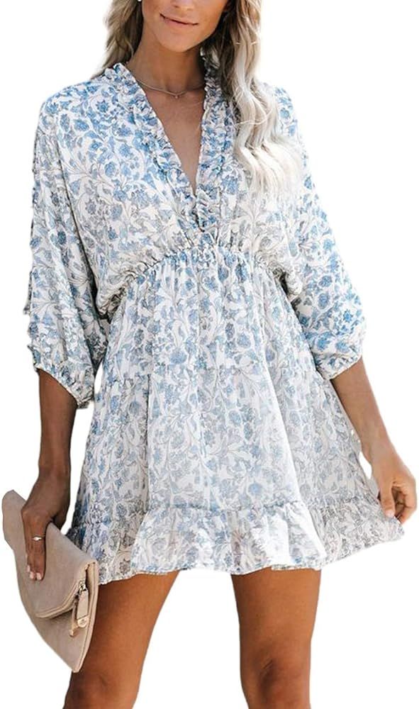 Tiksawon Womens Casual Summer Fashion Floral Printed Ruffle V Neck Long Sleeve Backless Swing Mini D | Amazon (US)
