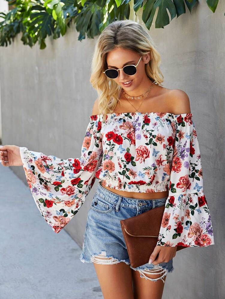 Floral Print Flounce Sleeve Bardot Blouse | SHEIN