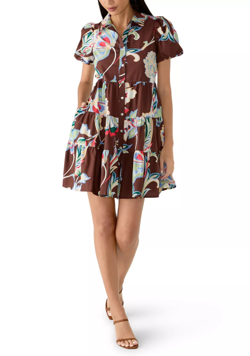 Petite Puff Sleeve Collar Tiered Short Dress | Belk