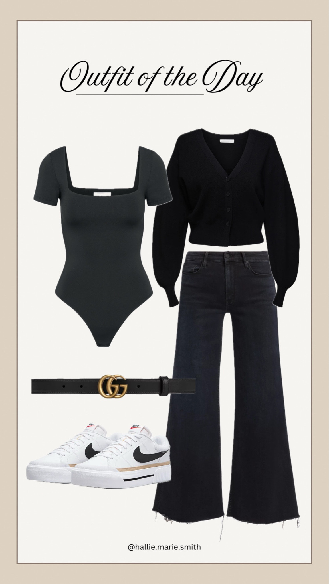 Casual yet chic 🖤 Perfect for running errands or meeting friends for coffee! 

Shop this versatile look with these wardrobe staples: a sleek bodysuit, cozy cropped cardigan, wide-leg denim, classic Nike sneakers, and a statement Gucci belt ✨ 

#OOTD #LTKstyletip #LTKfashion

#LTKSaleAlert #LTKWorkwear #LTKStyleTip