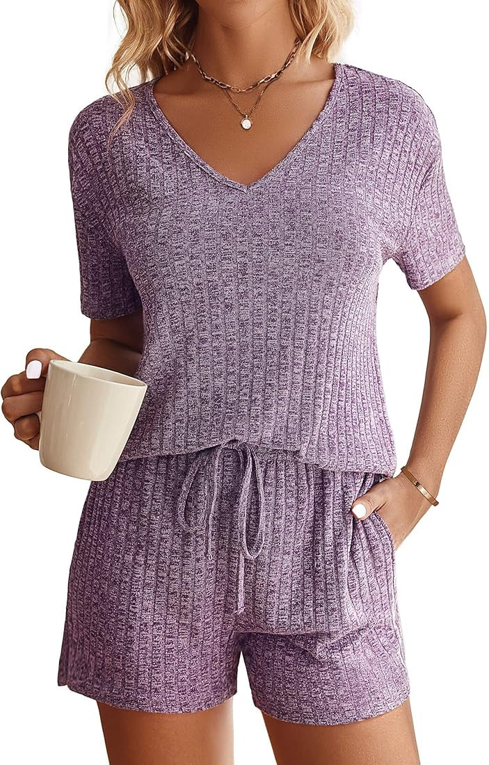 Womens Ribbed Knit Lounge Set Short Sleeve Top and Shorts Sleepwear Pajama Set Two Piece Matching... | Amazon (US)