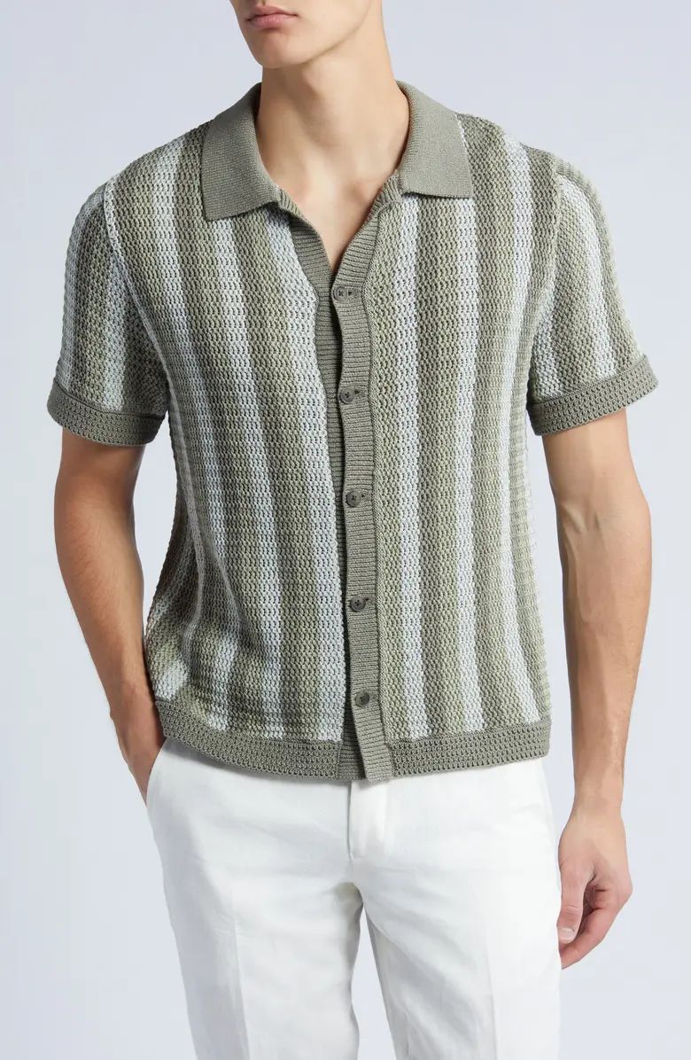 Crochet Stripe Short Sleeve Button-Up Cotton Sweater | Nordstrom