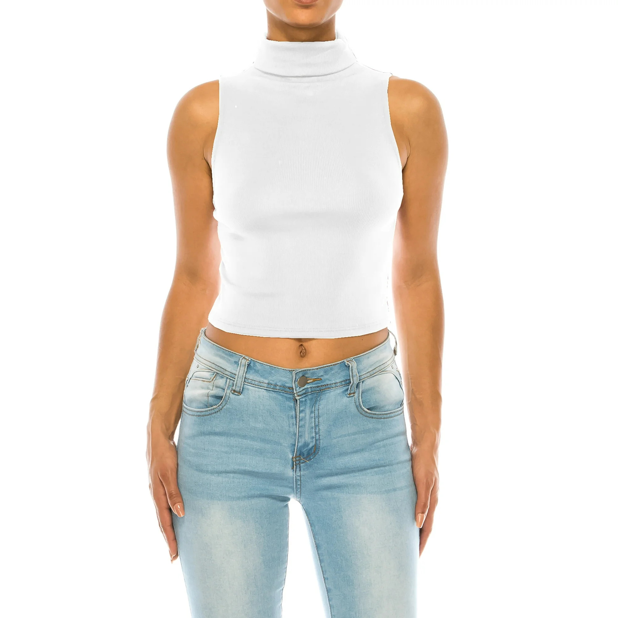 Women's Ribbed Sleeveless High Turtleneck Fitted Knit Crop Tank Top - Walmart.com | Walmart (US)