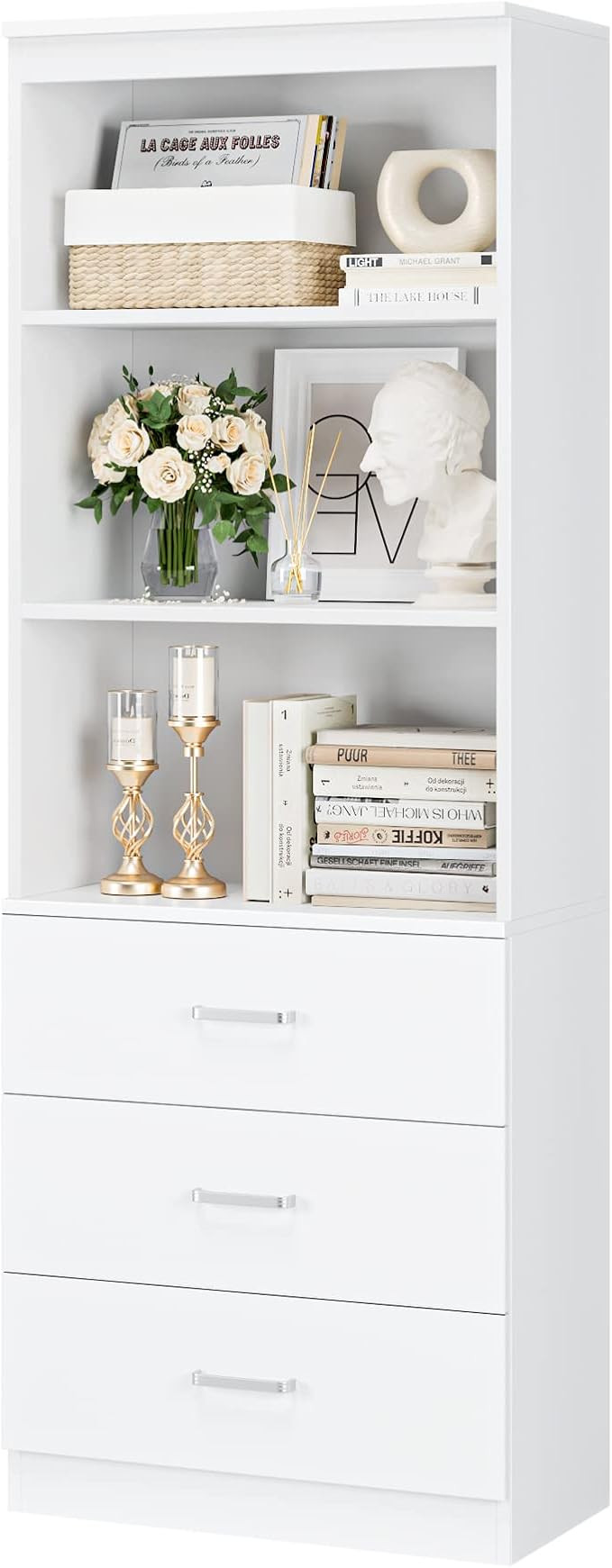 FOTOSOK 71 Inches Tall Storage Cabinet, Bookcase with 3 Drawers and 3-Tier Open Shelves, Wooden B... | Amazon (US)