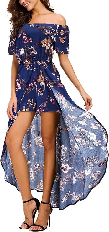 Kormei Womens Off Shoulder Short Sleeeve Floral Rayon Party Split Maxi Romper Dress | Amazon (US)