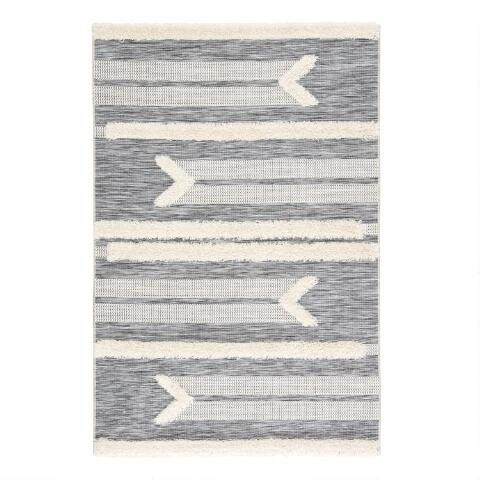Gray and Cream Shag Stripe Hanai Indoor Outdoor Rug | World Market
