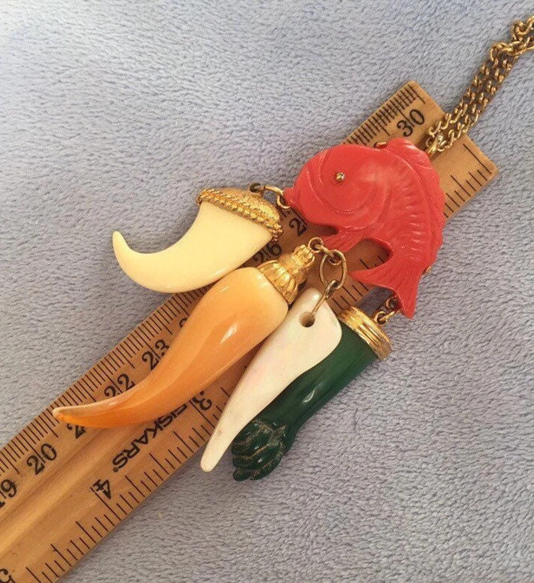 Vintage Kenneth Lane Charm Necklace W/figs Fist, Koi Fish, Horns Lucky Charm Chain Necklace 24”... | Etsy (US)