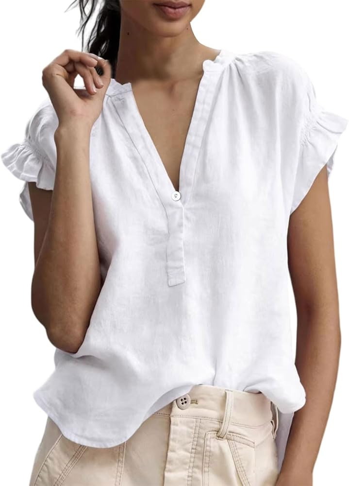 Womens Linen Tops V Neck Short Ruffle Sleeve Gauze Shirts 2026 Dressy Casual Cotton Blouses Summe... | Amazon (US)