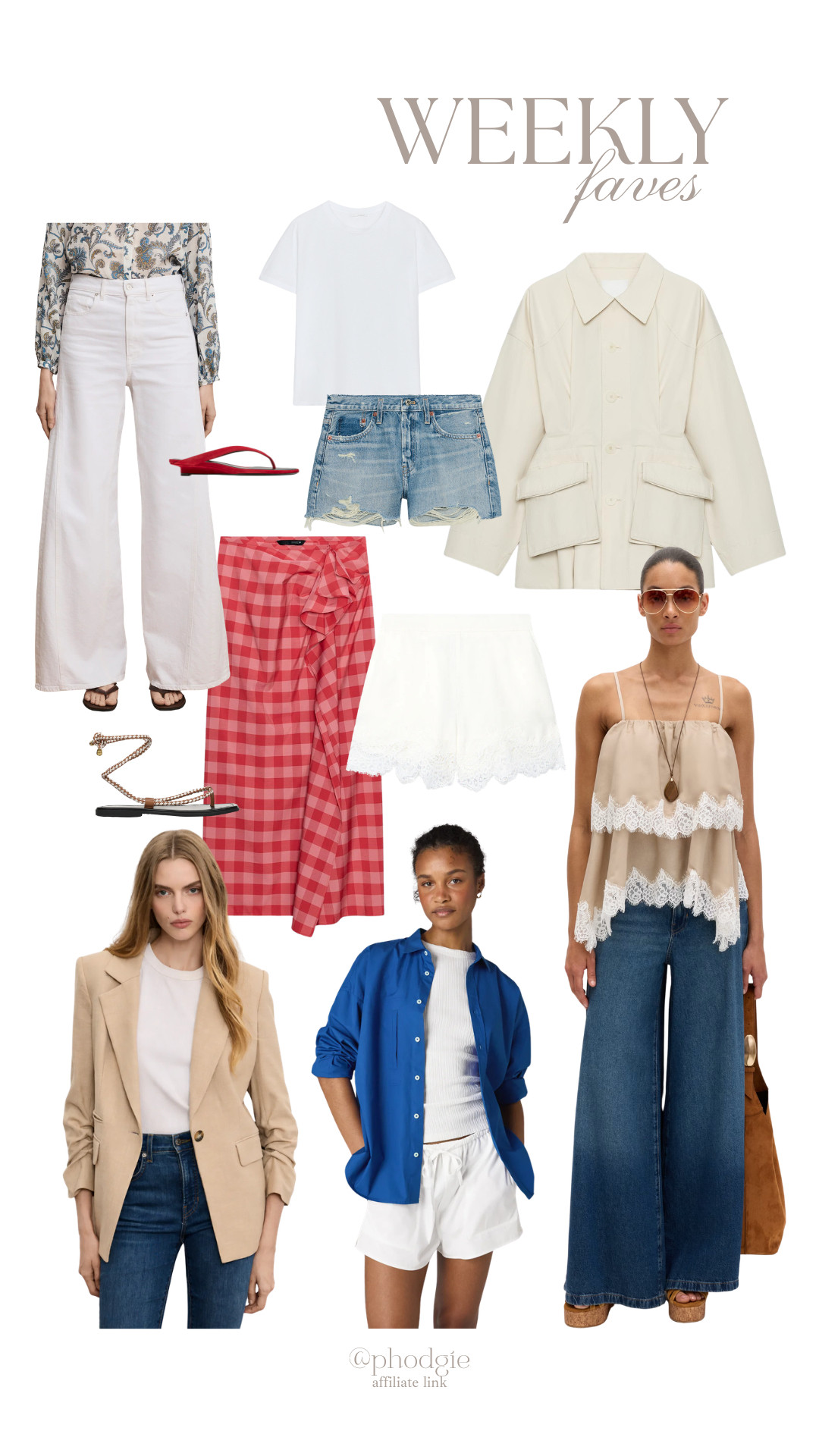 weekly faves, neutral style, summer style, casual chic, elevated basics, white wide leg jeans, paisley blouse, white tee, cream jacket, denim shorts, gingham wrap skirt, white lace shorts, red flip flops, strappy flat sandals, beige blazer, blue overshirt, lace cami, wide leg jeans, tan tote bag, capsule wardrobe, outfit inspo, everyday outfits, resort casual, coastal chic, minimalist fashion, feminine style, classic wardrobe  

 #LTKsummer #LTKeurope #LTKworkwear