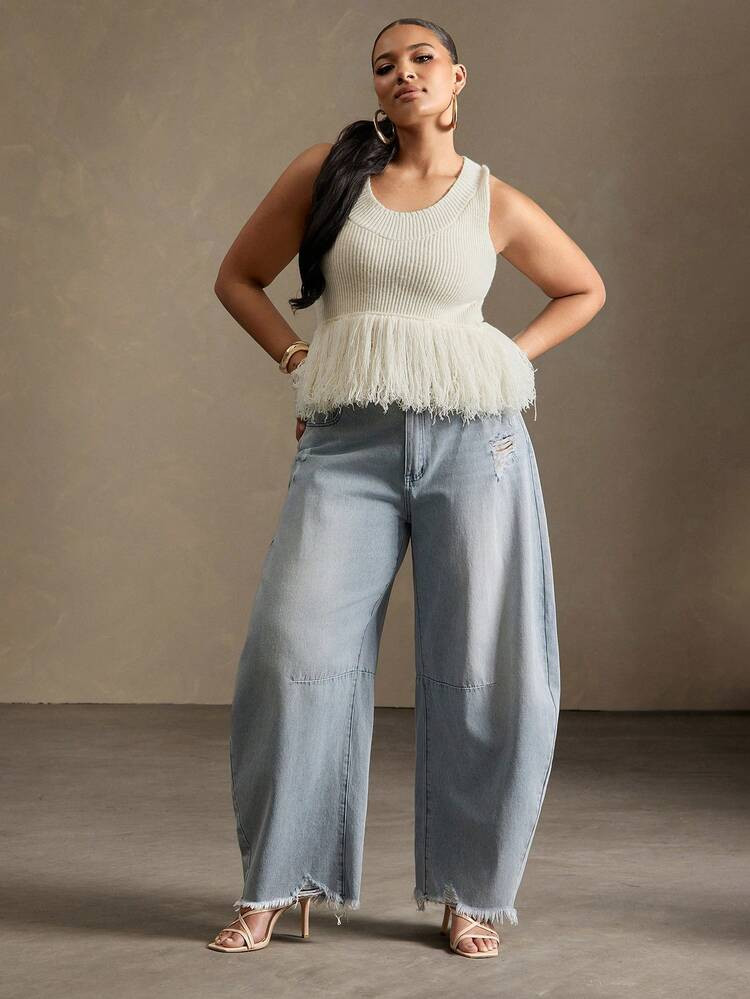 Vixey Stretchy Denim High Waist Distressed Hem Barrel Leg Ankle Jeans | SHEIN