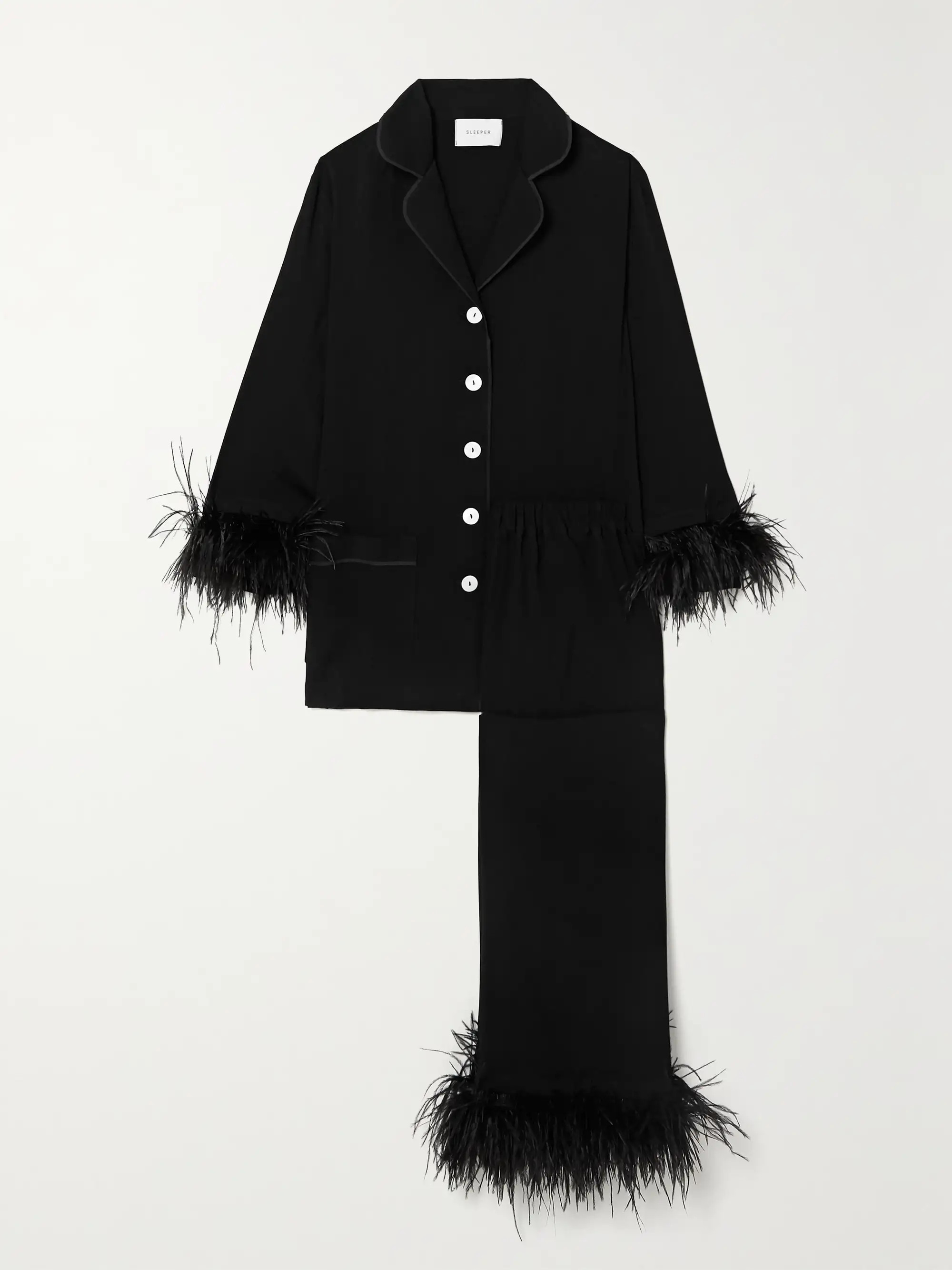 + NET SUSTAIN feather-trimmed crepe de chine pajama set | NET-A-PORTER (UK & EU)