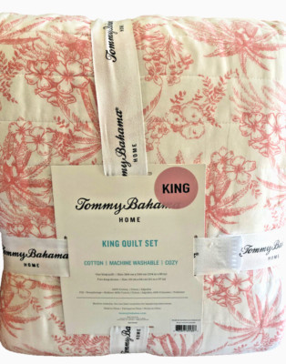 Tommy Bahama Pen & Ink Palm King Size Cotton Quilt & 2 King Shams Set Pink White | eBay | eBay US
