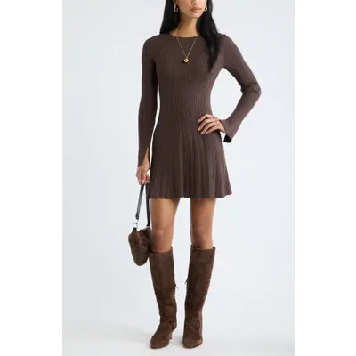 Open Edit Ribbed Long Sleeve Sweater Minidress in Black at Nordstrom, Size Large | Nordstrom