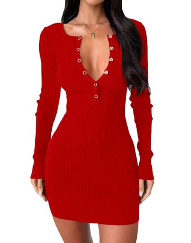 Dressmine Women Cocktail Long Sleeve Dresses 2025 Fall Sexy V Neck Bodycon Mini Dress Classy Wedding Guests Party Knitted Dresses Red,M | Amazon (US)