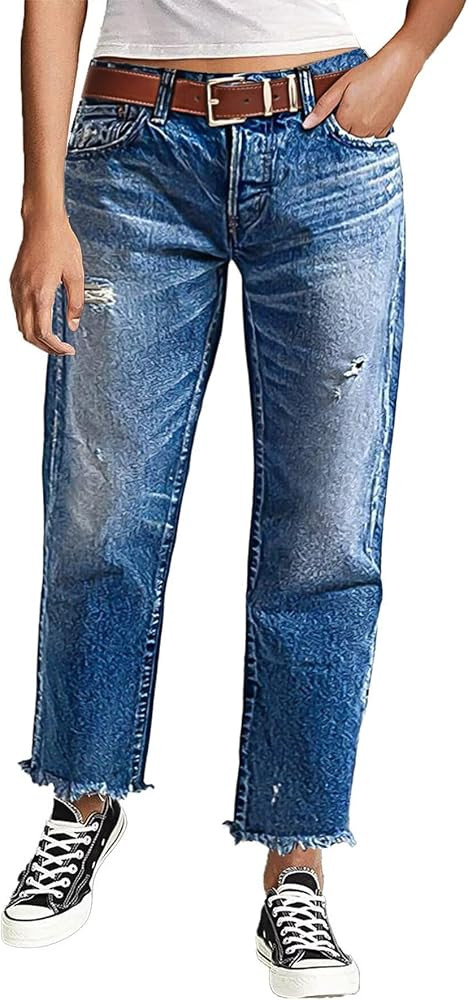 Flamingals Straight Leg Jeans for Women Cropped Mid Rise Stretchy Baggy Jean Wash Raw Hem Trendy ... | Amazon (US)