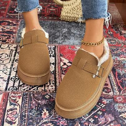 Women's Fur Lined Suede Clogs Fuzzy Cork Footbed Mules Slip On Winter Potato Shoes | SHEIN