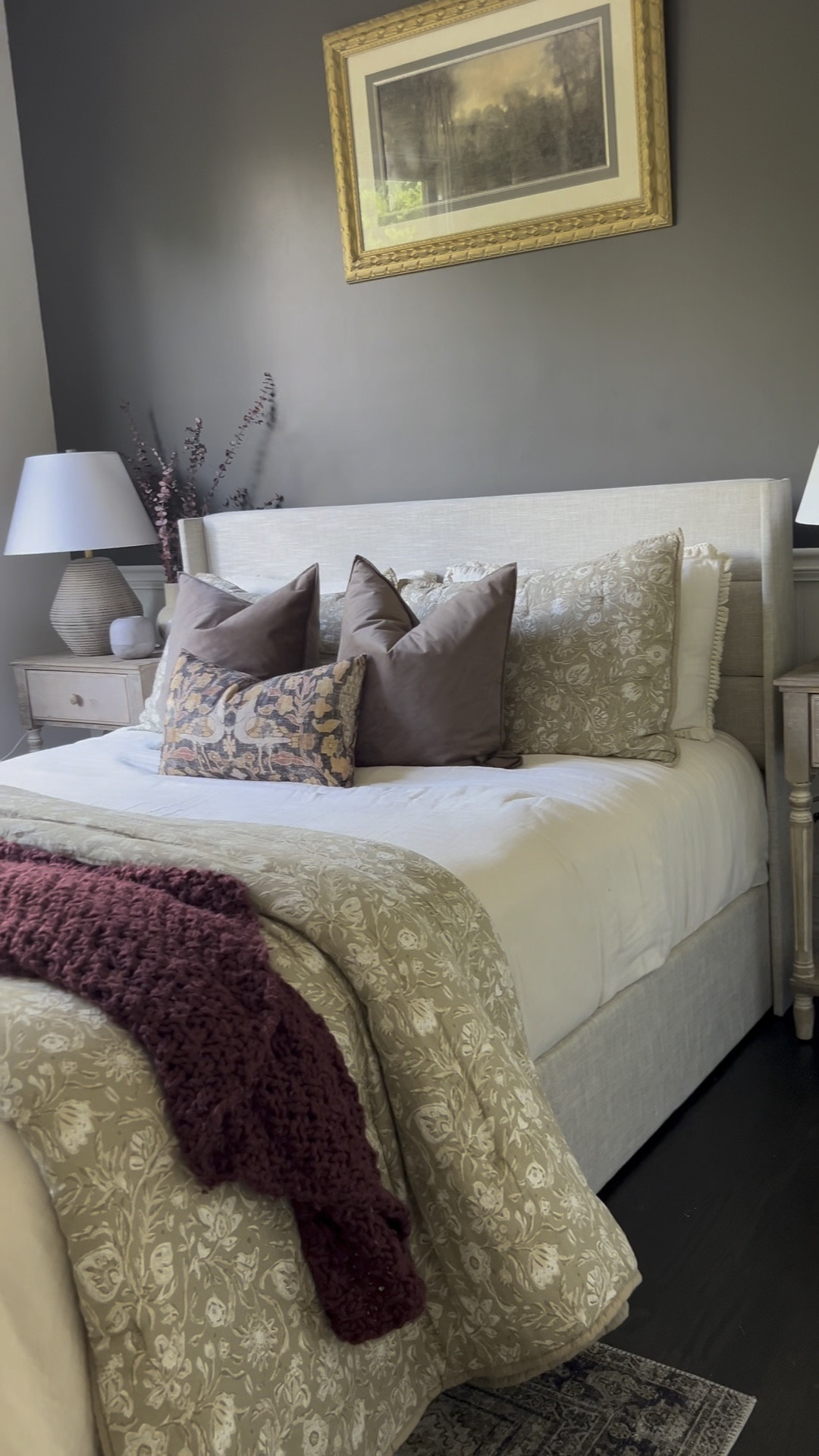 This bed frame was the perfect addition to our guest room! #GuestRoom #LinenBedframe #WayFair 