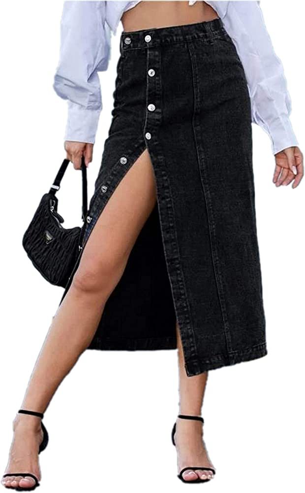 ELSTAROA Women's Casual High Waisted Solid Button Up Denim Jean Skirt | Amazon (US)