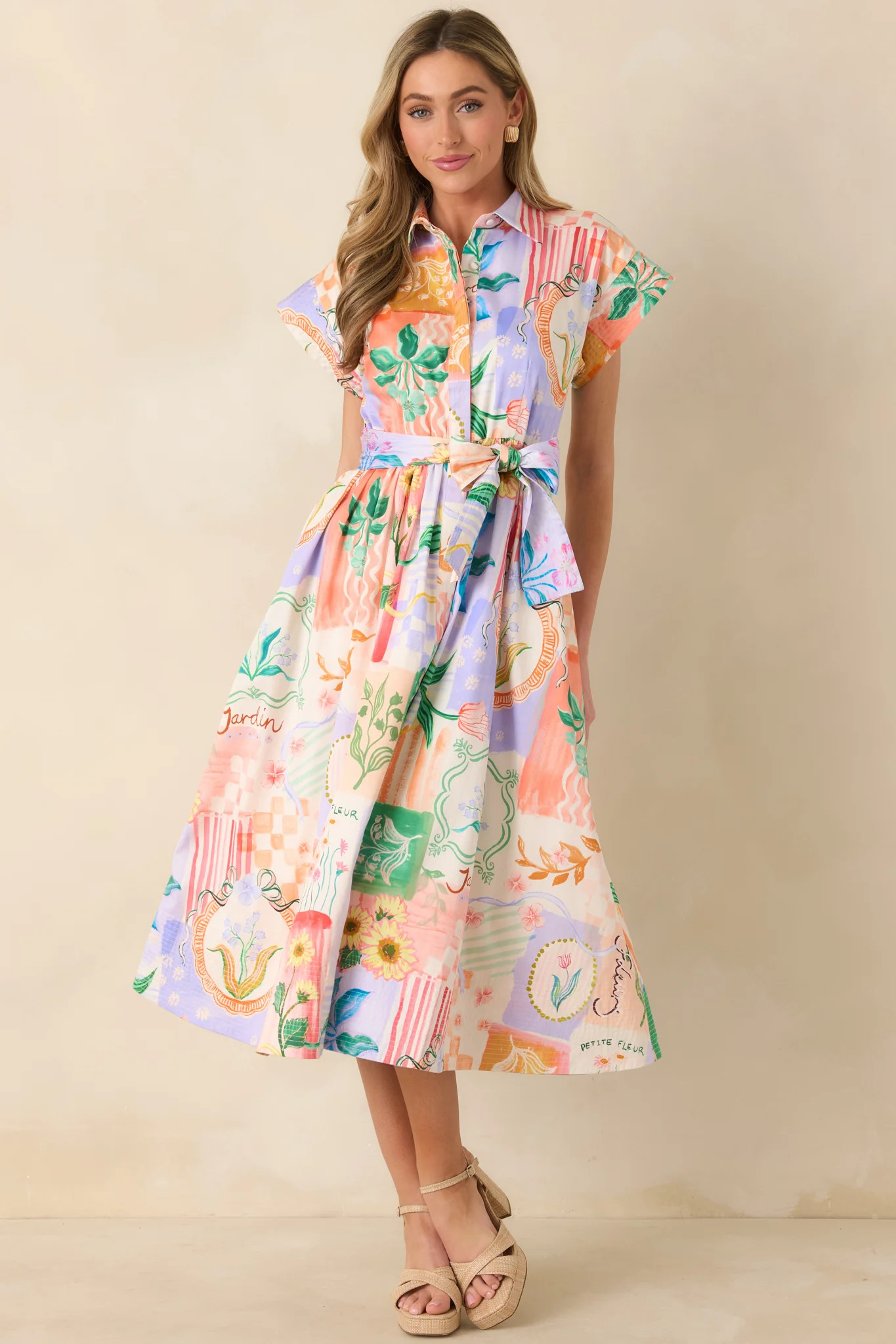 Prosperina Savannah Peach Multi Floral Cotton Midi Dress | Red Dress
