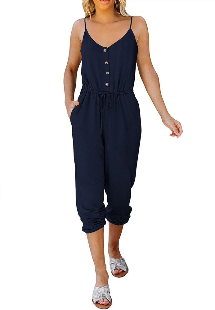 Fixmatti Women Casual Spaghetti Strap Jumpsuit Sleeveless Elastic Waist Long Pant Romper | Amazon (US)