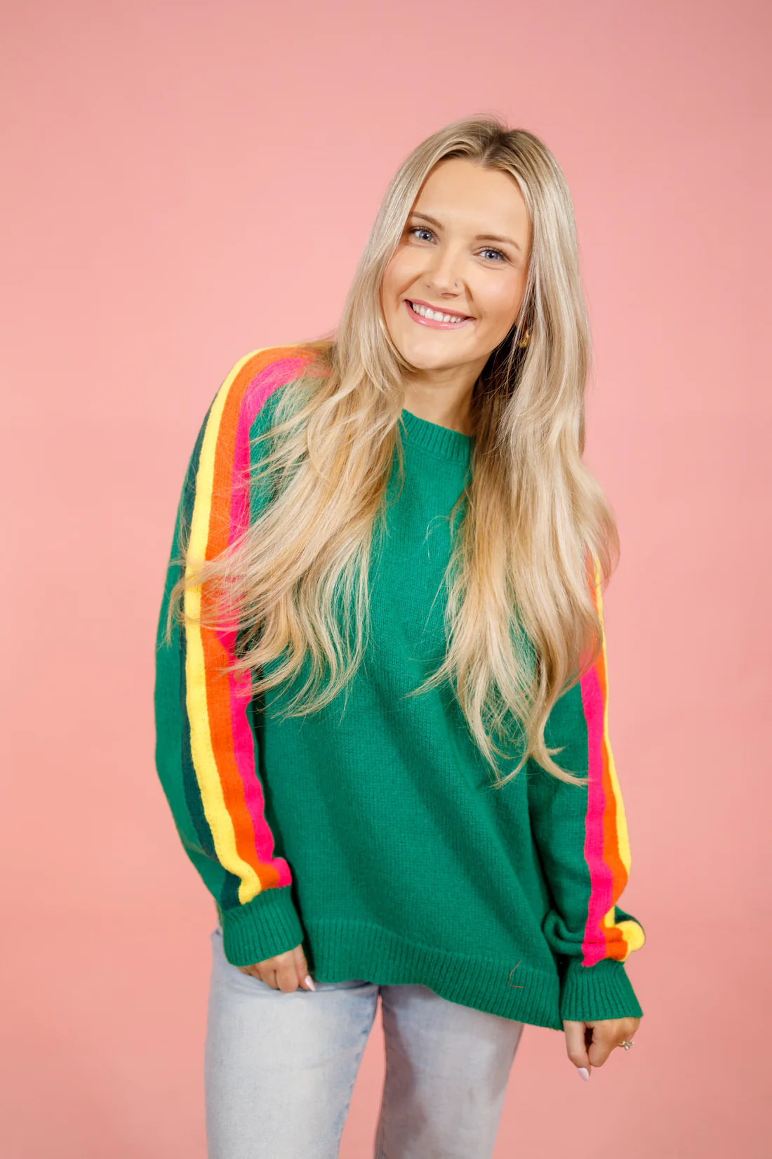 Green Stripe Sleeve Sweater | Jaxe + Grace Boutique
