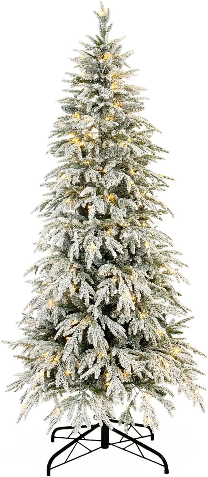 7ft Slim Flocked Christmas Tree Pre-lit w/ 645 Premium PE&PVC Tips,210 Warm White LED Lights, Ski... | Amazon (US)