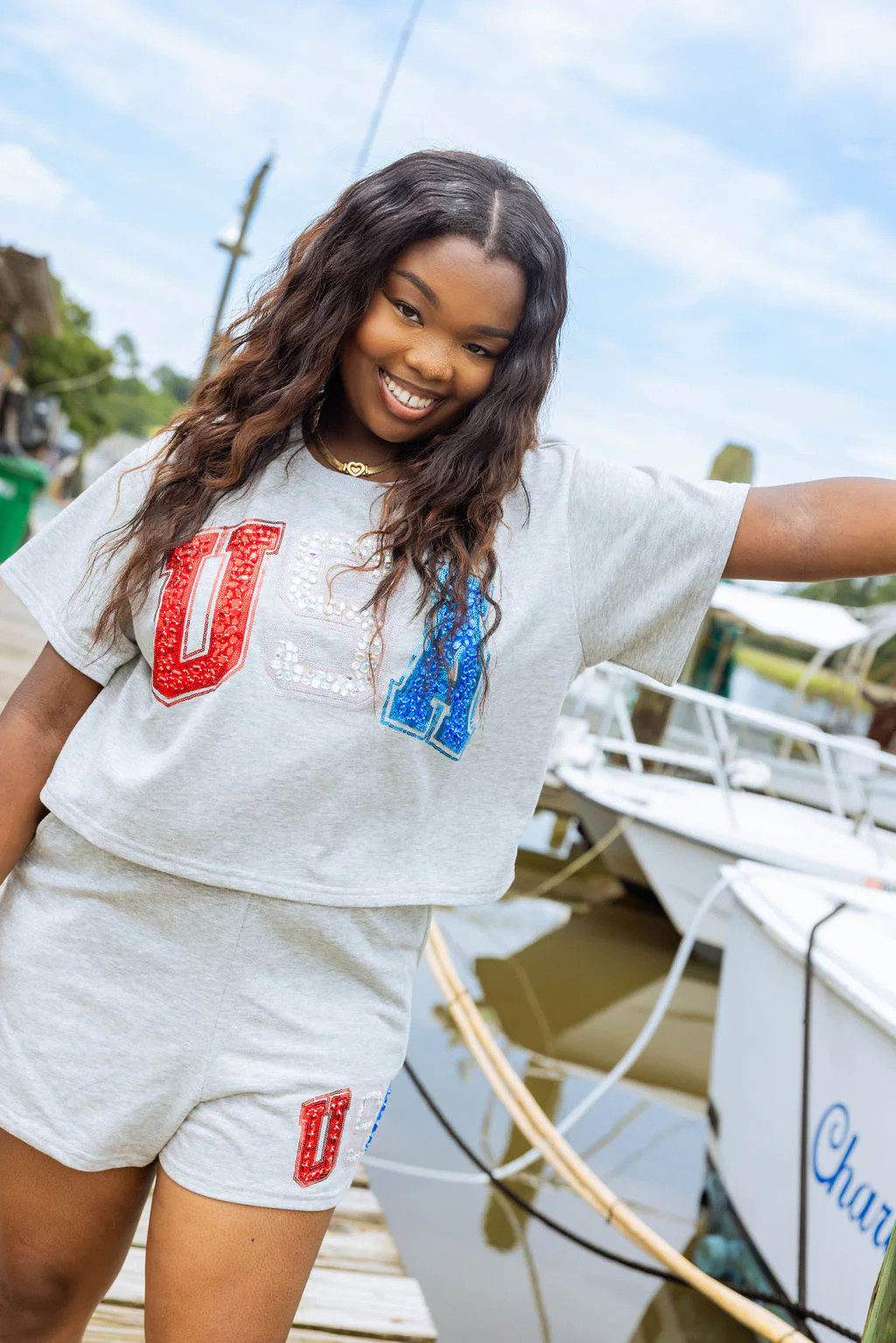 Grey Rhinestone 'USA' Top | Queen of Sparkles