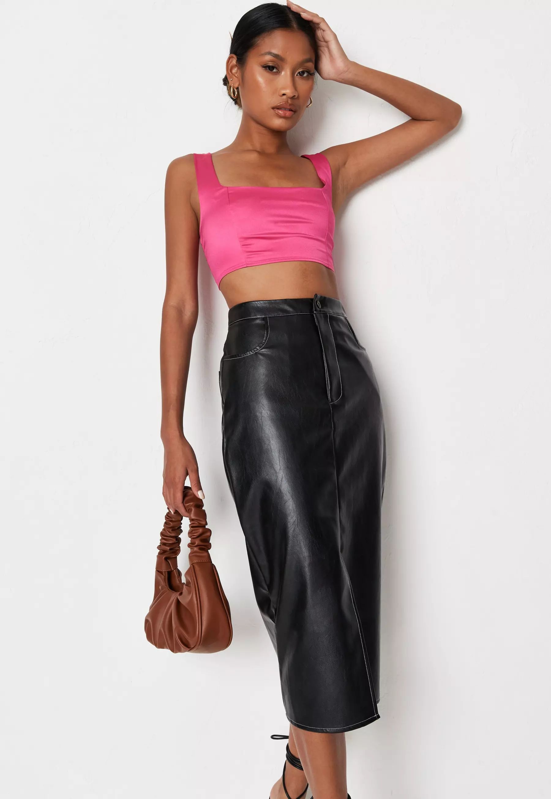 Missguided - Black Faux Leather Contrast Seam Midi Skirt | Missguided (US & CA)