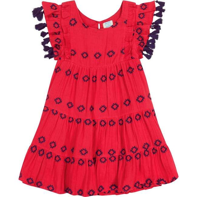 Sophie Tassel Scoop Neck Embroidered Dress, Red | Maisonette