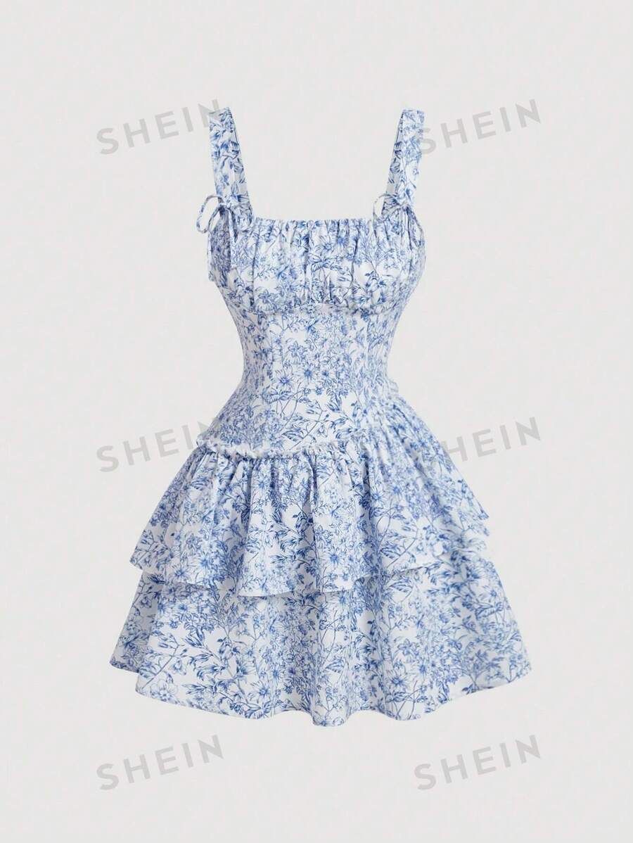 SHEIN MOD Porcelain Print Slanted Waist Romantic Holiday Dress | SHEIN