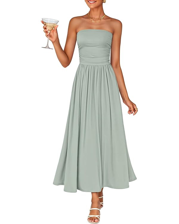ZESICA Women's Summer Sleeveless Midi Dress 2026 Strapless Ruched A Line Flowy Wedding Guest Part... | Amazon (US)