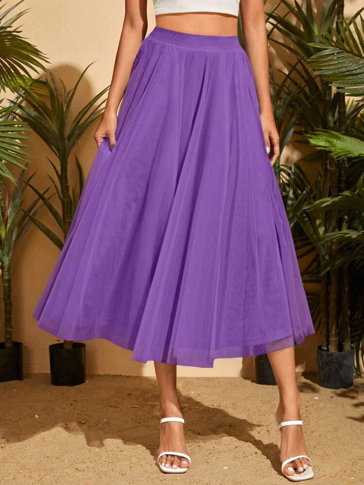 SHEIN Privé Solid Mesh Overlay Skirt | SHEIN