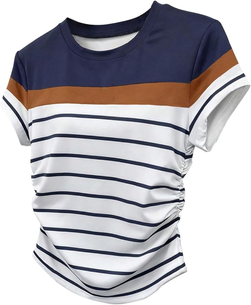 SweatyRocks Women's Color Block Striped Short Sleeve Ruched T Shirts Casual Crewneck Tees | Amazon (US)