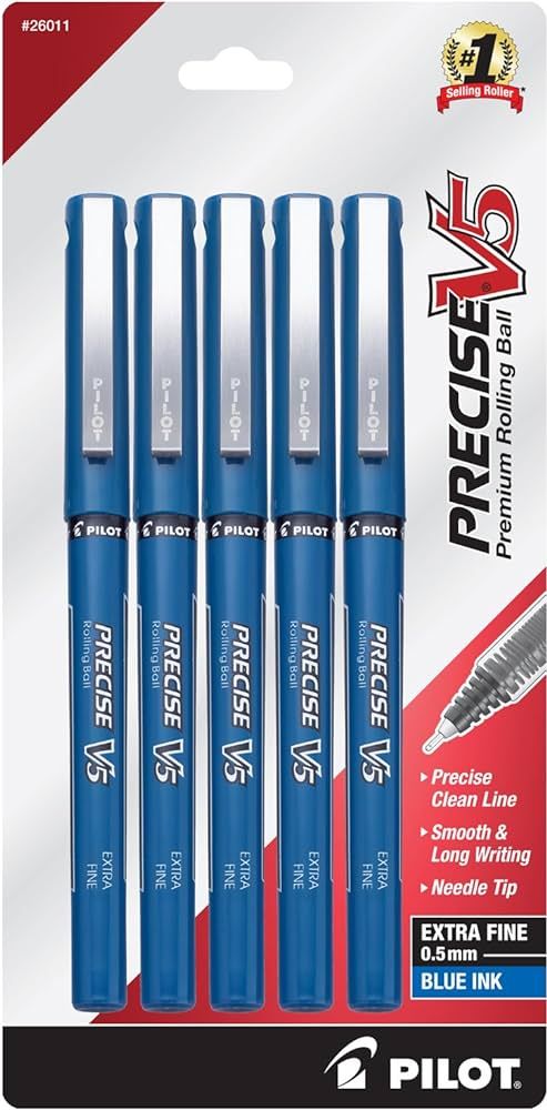 Pilot, Precise V5, Capped Liquid Ink Rolling Ball Pens, Extra Fine Point 0.5 mm, Blue, Pack of 5 | Amazon (US)