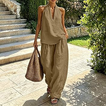 2 Piece Linen Set for Women Sleeveless Halter Top Wide Leg Pants Matching Lounge Sets Vacation Tr... | Amazon (US)