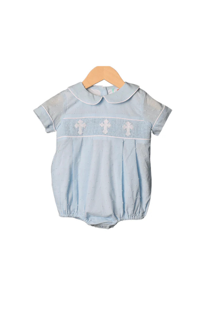 Smocked Cross Blue Swiss Dot Boy Bubble | The Smocked Flamingo